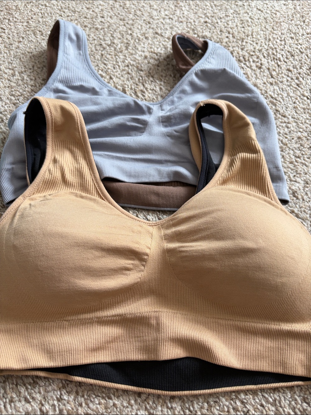 Seamless Ribbed Sports Bra Duo — Tan and Light Gray